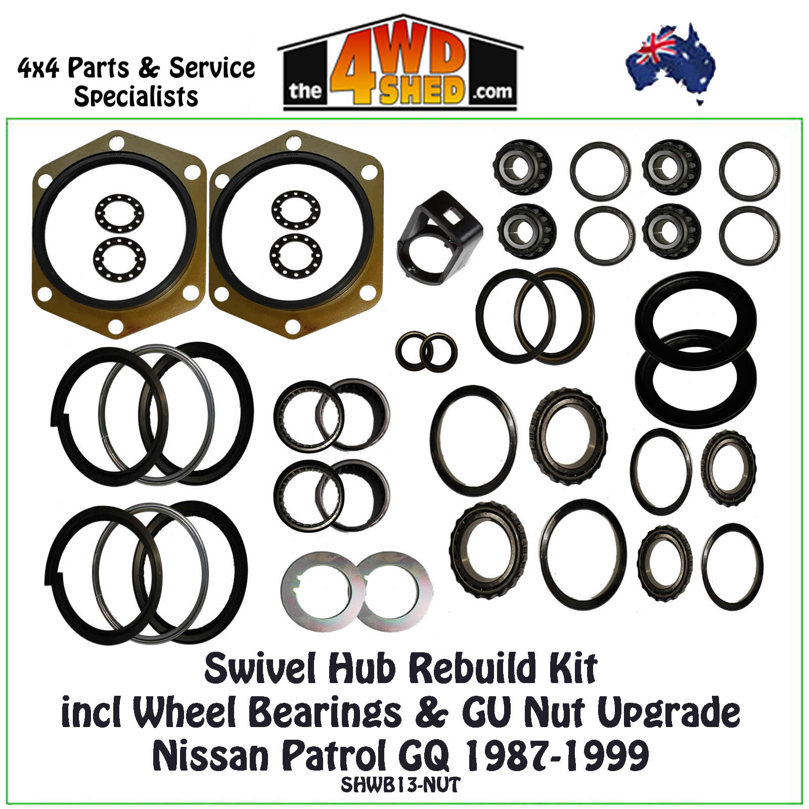 <span style="font-size: 15px;">Swivel Hub &amp; Wheel Bearing Rebuild Kit with GU Nut Upgrade suit Nissan GQ Patrol</span><br>