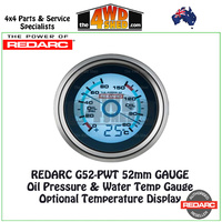 Redarc G52-PWT Oil Pressure & Water Temperature 52mm Gauge with Optional Temperature Display