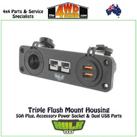Triple Flush Mount Housing with 50A Anderson Plug Accessory Power Socket & Dual USB Ports
