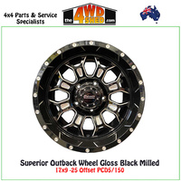 Superior Outback Wheel Gloss Black Milled 17x9 -25 Offset PCD5/150