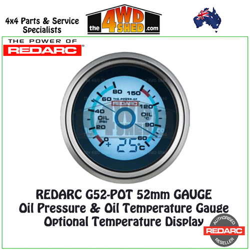 Redarc G52-POT Oil Pressure & Oil Temperature 52mm Gauge with Optional Temperature Display